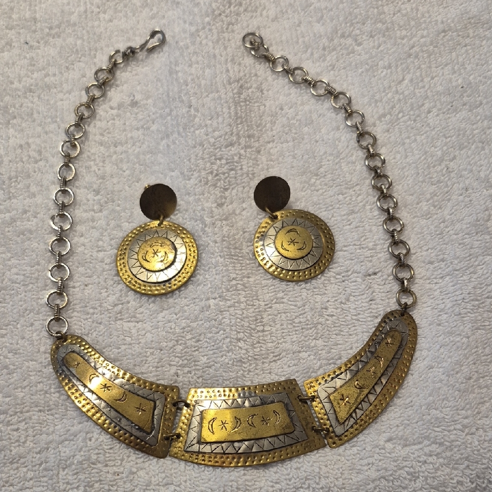 Gold and Silver Statement Necklace and Earring Set